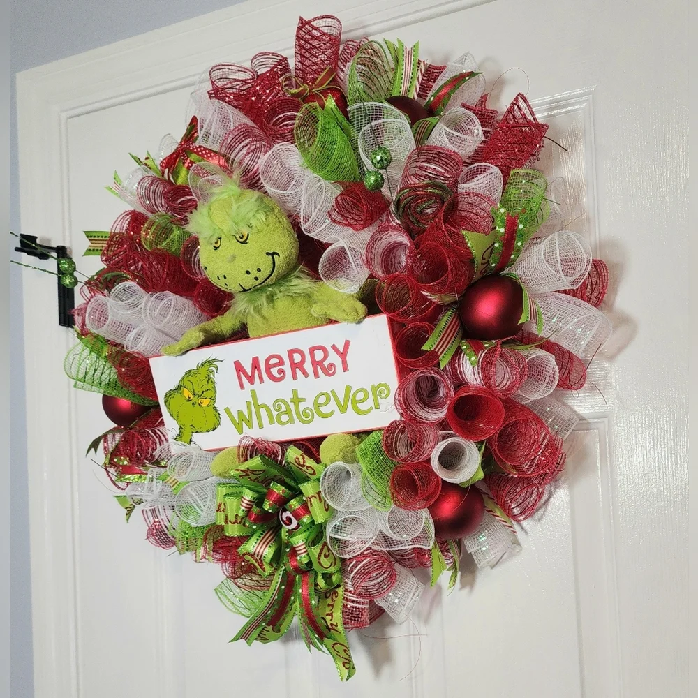Festive GRINCH Holiday Christmas Wreath - Red, Green, White